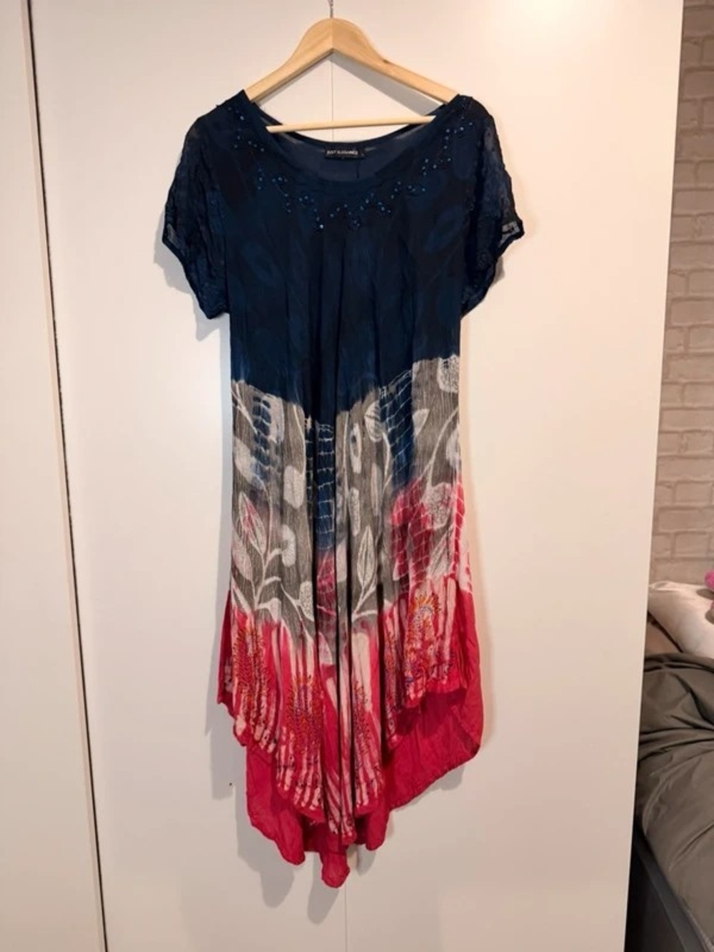 Embellished Navy and Red Asymmetrical Floral Midi Dress
